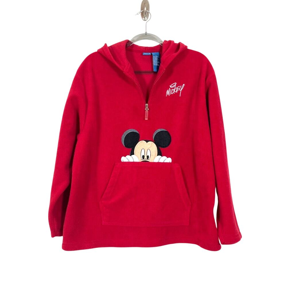 Vintage Disney Red Fleece Mickey Mouse Quarter Zip Hooded Sweatshirt Size Large